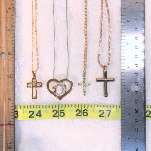 4 Pc Necklace Set Christian Cross God Jesus Church Silver & Gold Tone Rhinestone - Picture 10 of 11